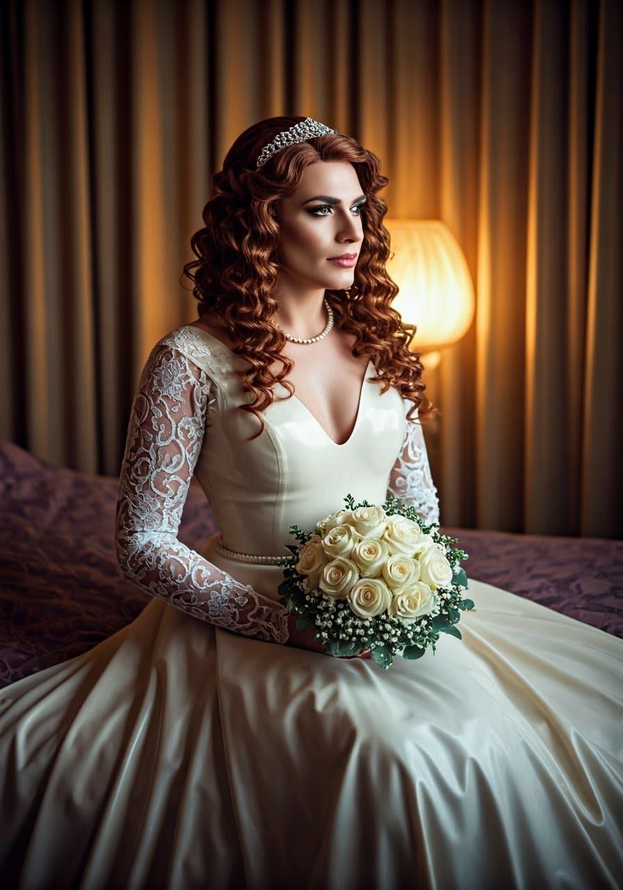A crossdresser as bride sits serenely, embodying elegance and grace. Her latex gown features a classic design with a fit...