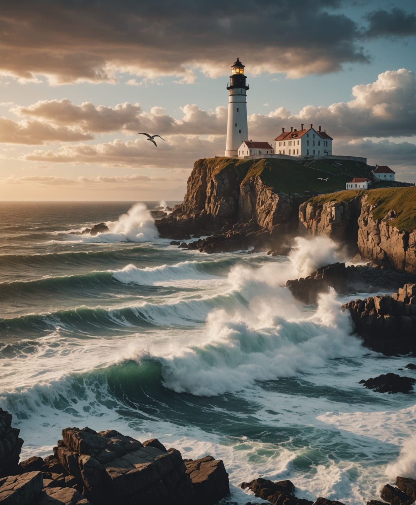 Majestic Lighthouse on Rocky Coastline at Sunrise