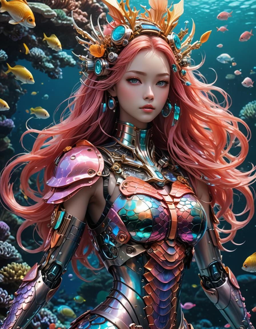 Robot Mermaid in Coral Reef: Cyberpunk Anime Art