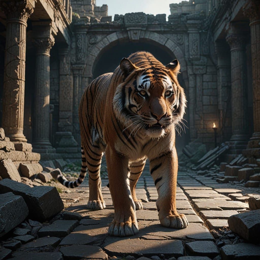Colossal Tiger in Ancient Ruin, Dark Fantasy Concept Art