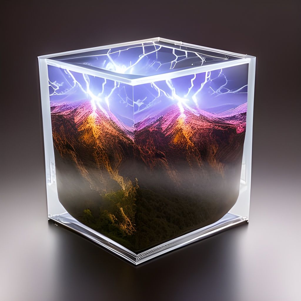 Electricity Sparks from Transparent Cube: Detailed Fantasy A...