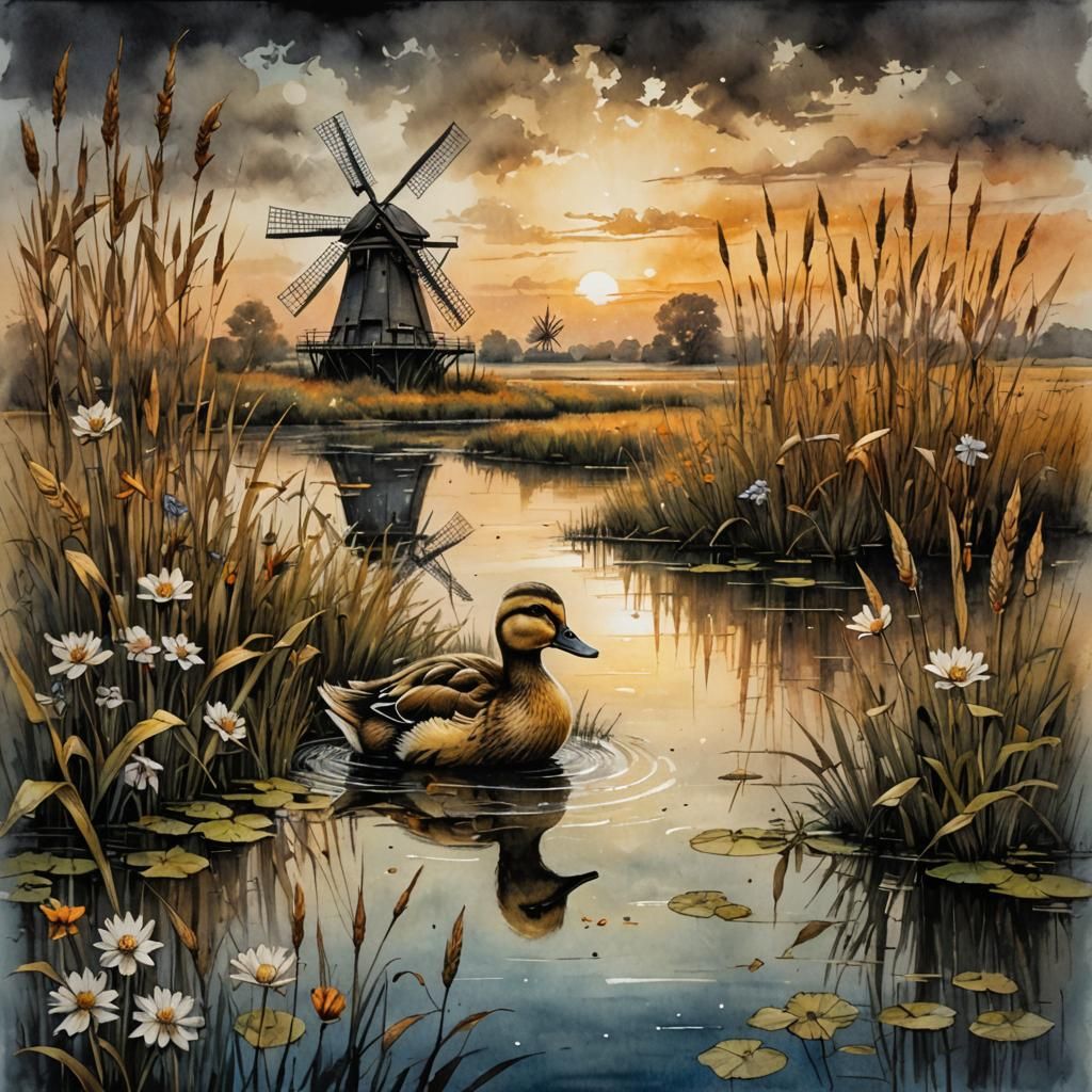 Duckling in Pond: Dreamy Autumn Watercolor Illustration