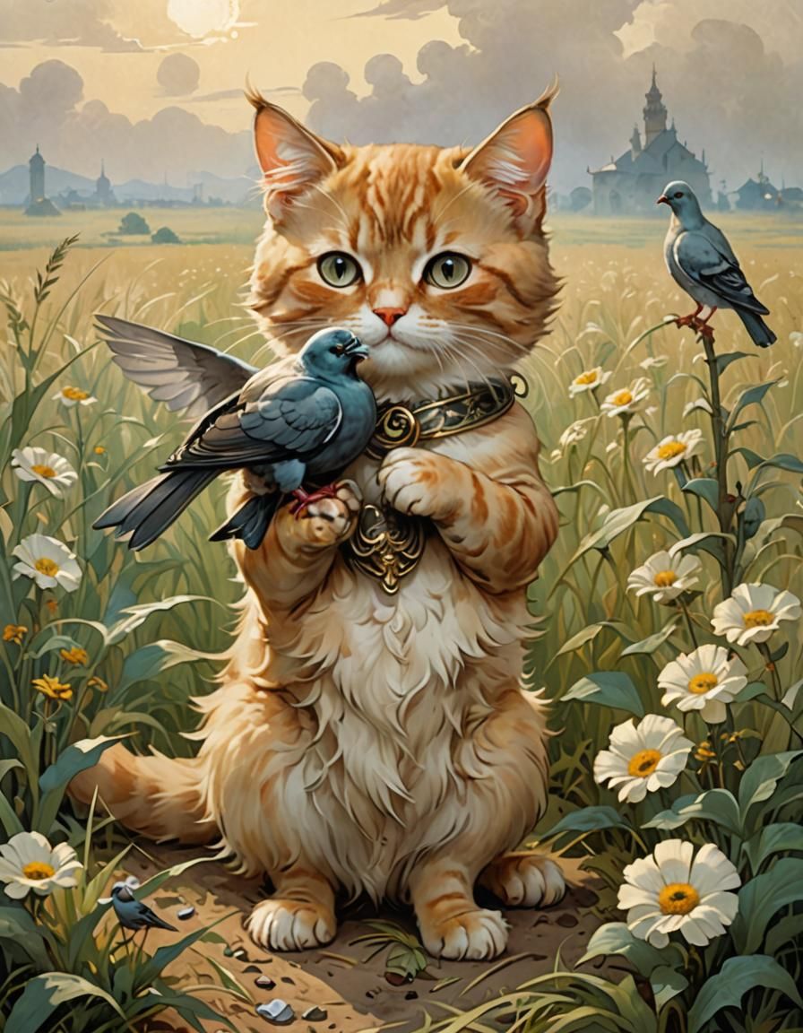 Cat with Bird in the Style of Alphonse Mucha