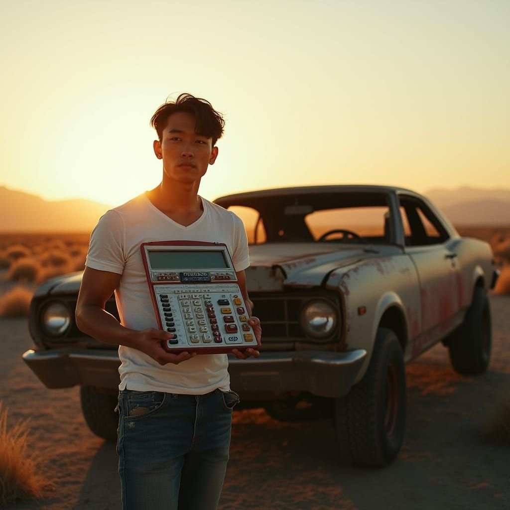 Asian Man Surveys Broken Car in Sunset Landscape