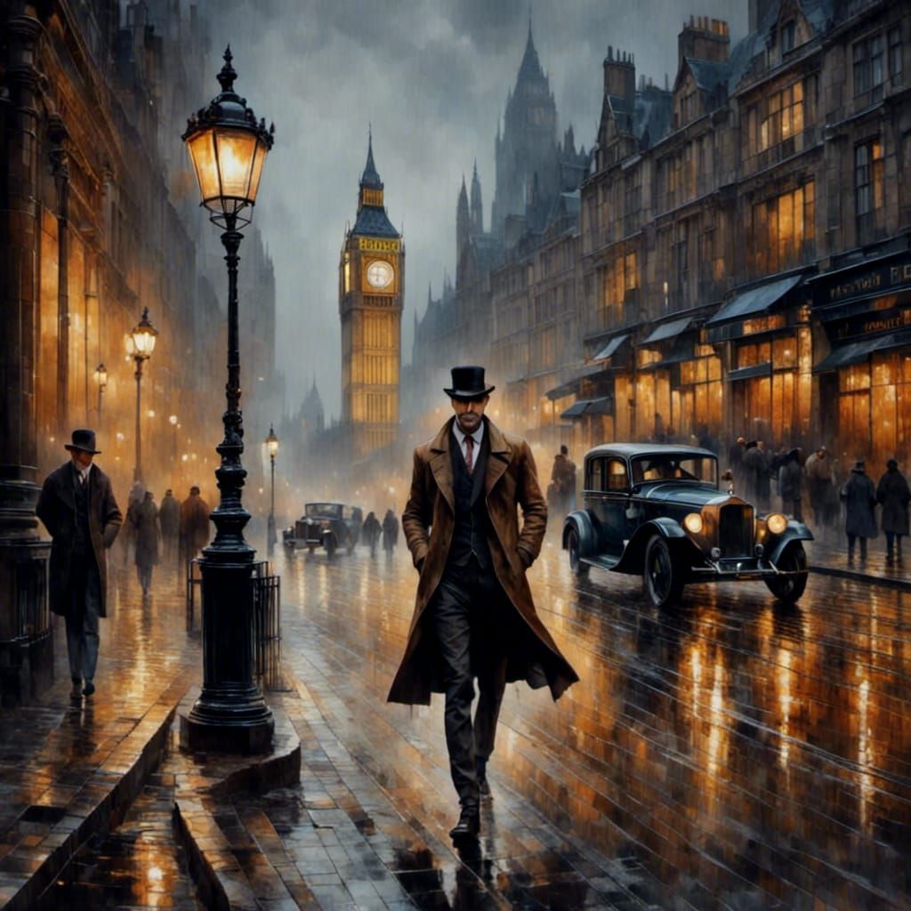 Victorian Detective in Foggy London Street