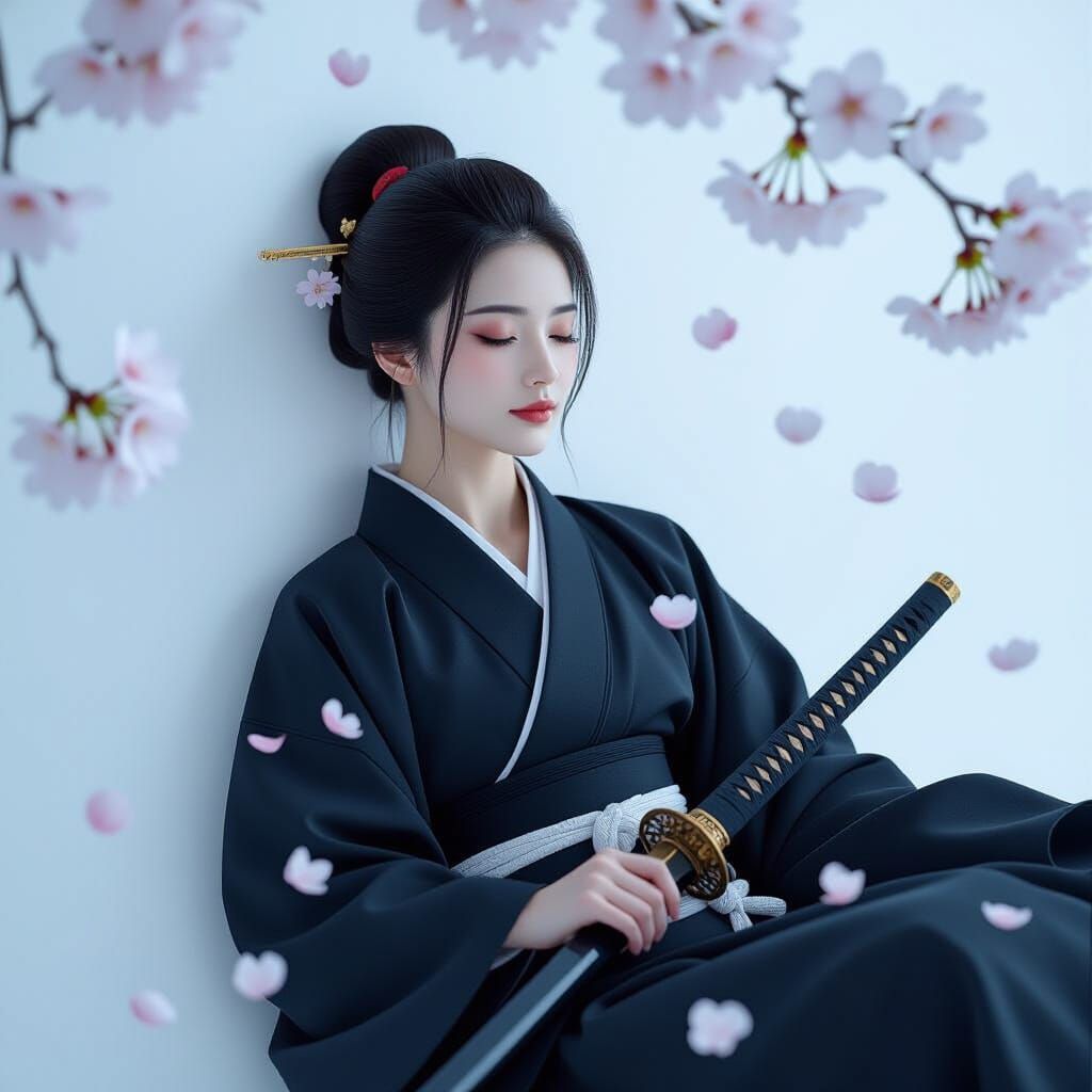 Japanese Woman in Samue Robes with Katana