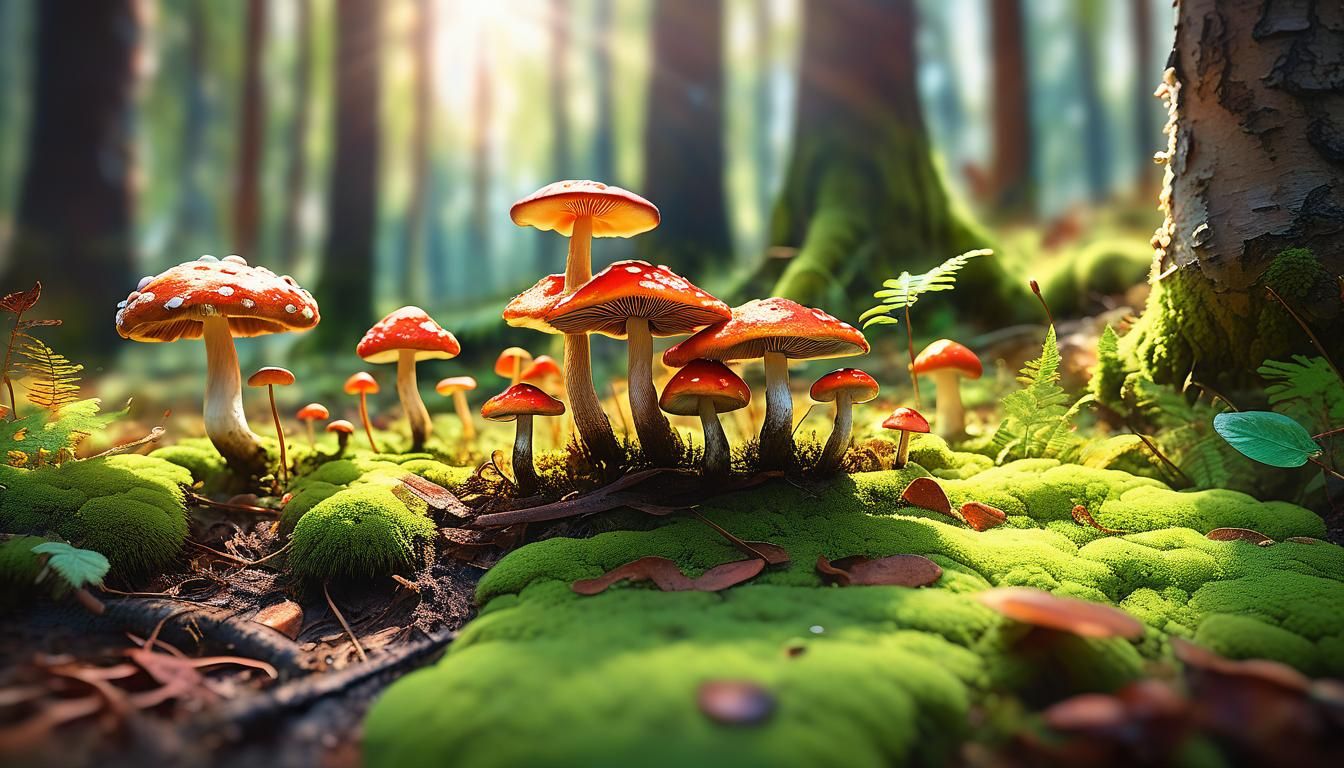 Whimsical Mushrooms in Sunlight: A Fantasy Illustration