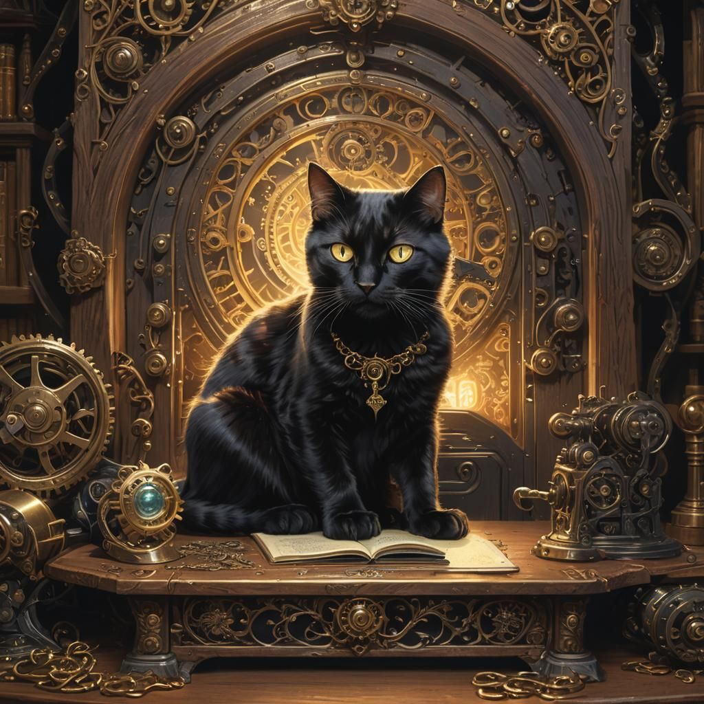 Black Cat Swiping Smartphone in Mystical Victorian Setting