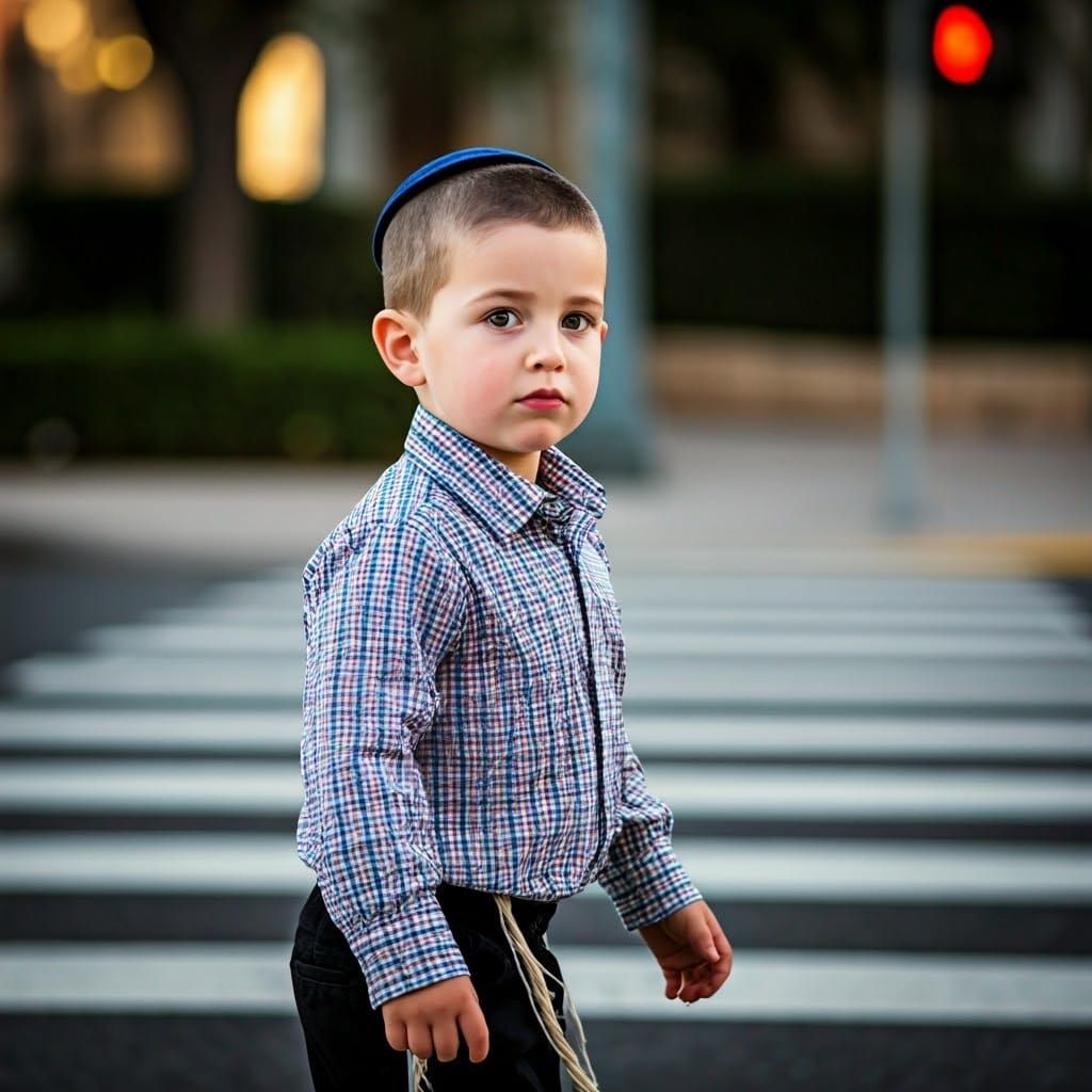 Haredi Boy in Traditional Attire Crossing Quiet Street