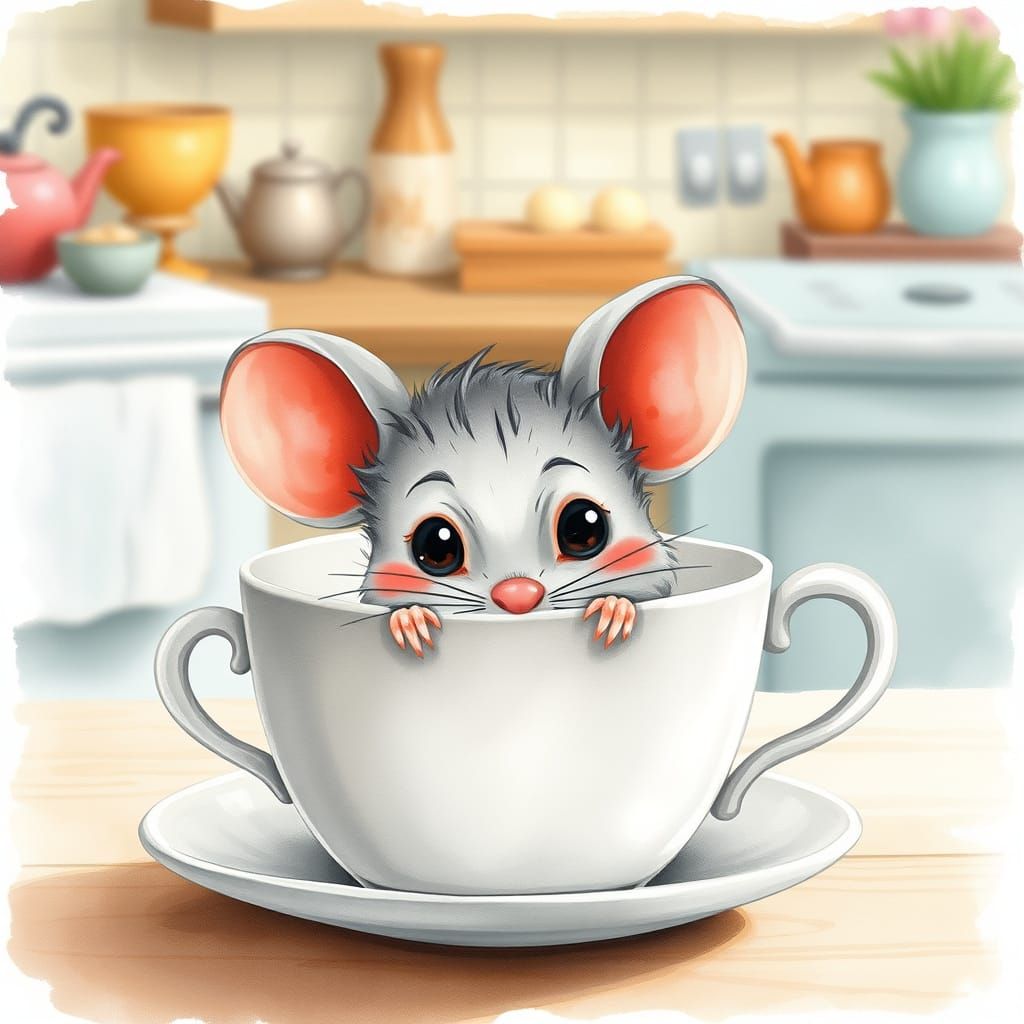 Shy Mouse in Kitchen, Soft Watercolor Illustration