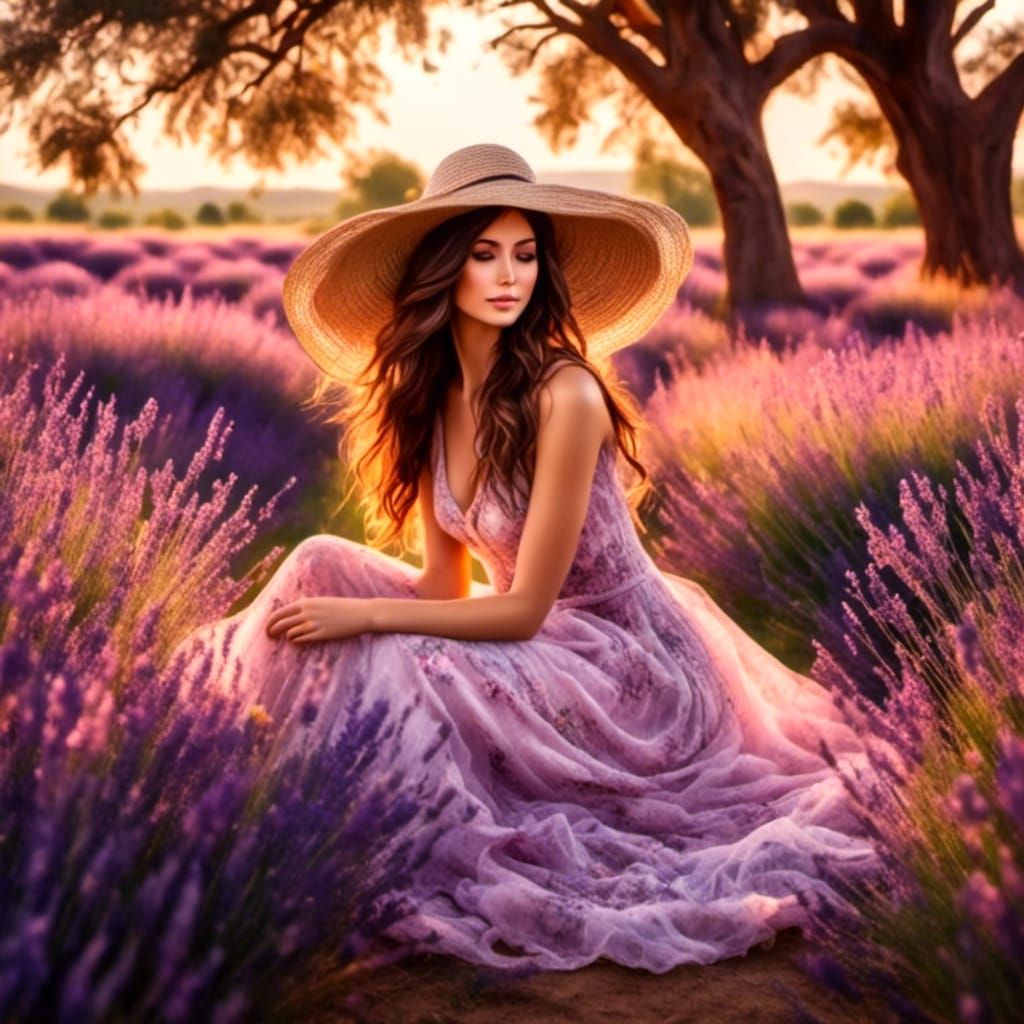 Charming Brunette in Lavender Field at Sunset
