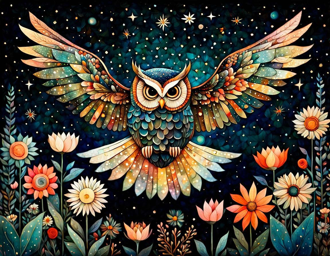 Whimsical Owl in Night Garden, Folk Art Style