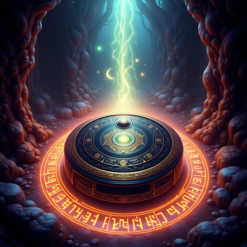 Glowing Roomba of Power in Mystical Chamber