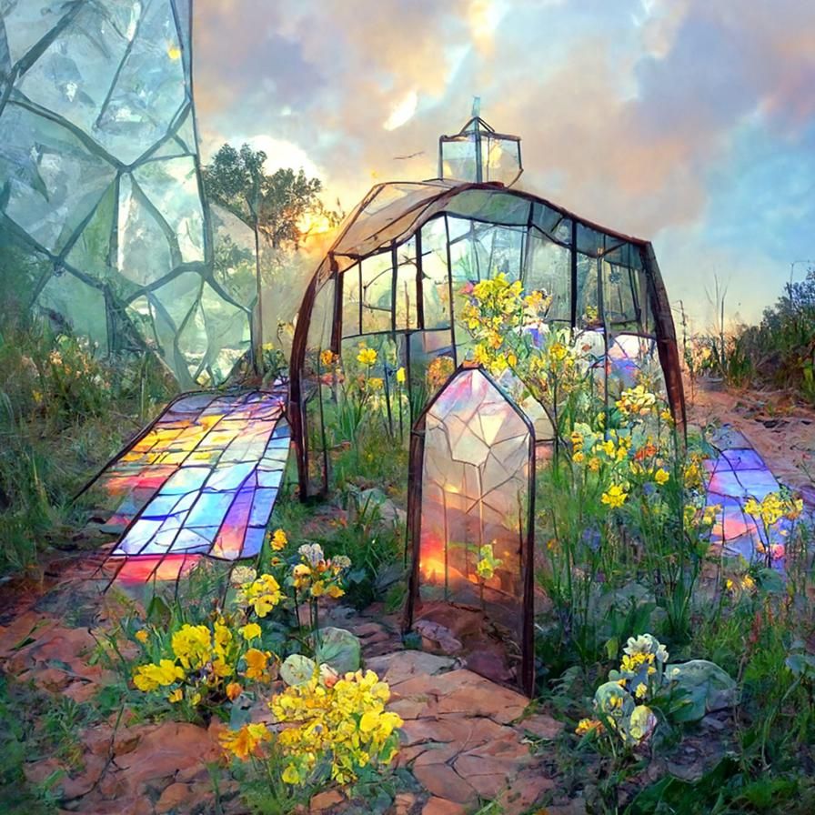 Stained Glass Greenhouse with Wildflowers in Mosaic Style