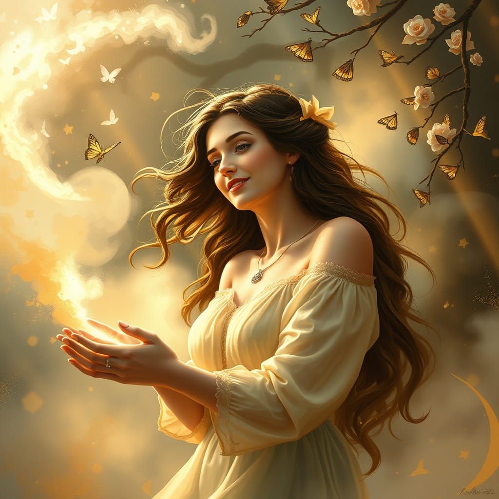 Ethereal Woman Embracing Life in a Fantasy Landscape