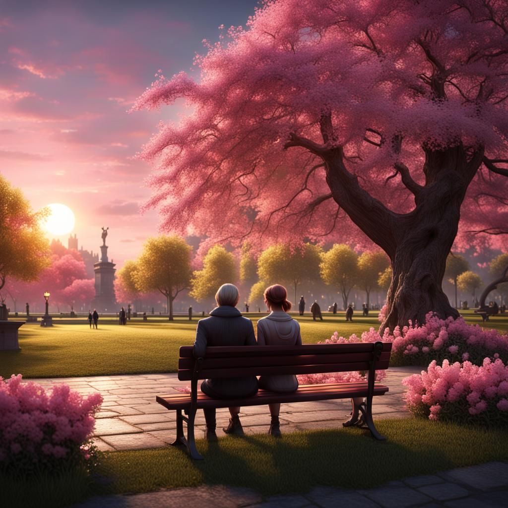 Romantic Park Scene with Pink Blossoms