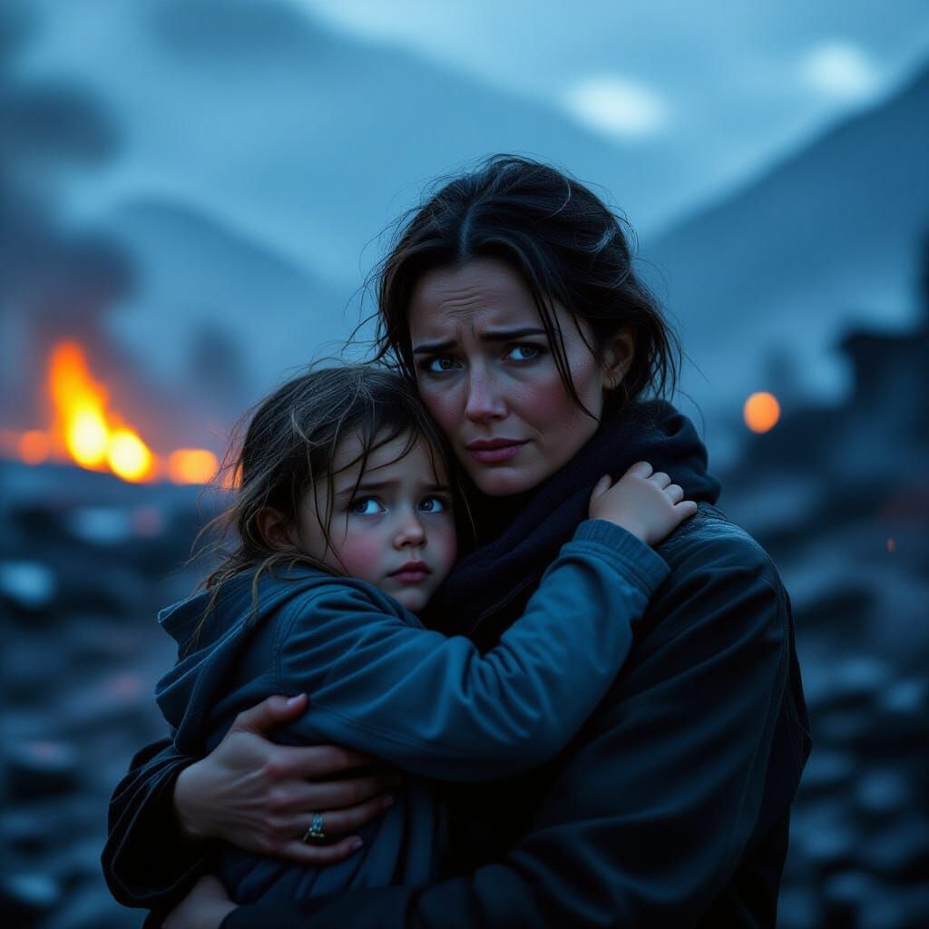 Mother Hugs Daughter Amidst Burning Landscape