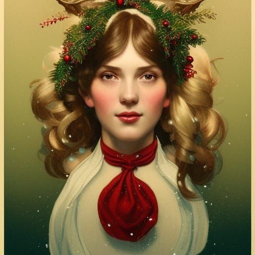 Vintage Christmas Card Portrait in Art Nouveau Style