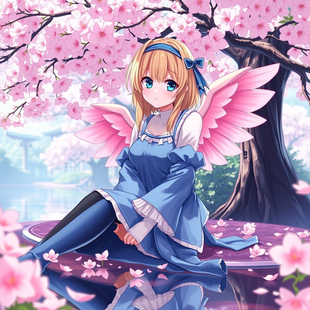 Anime Angel in Futuristic Cherry Blossom Garden