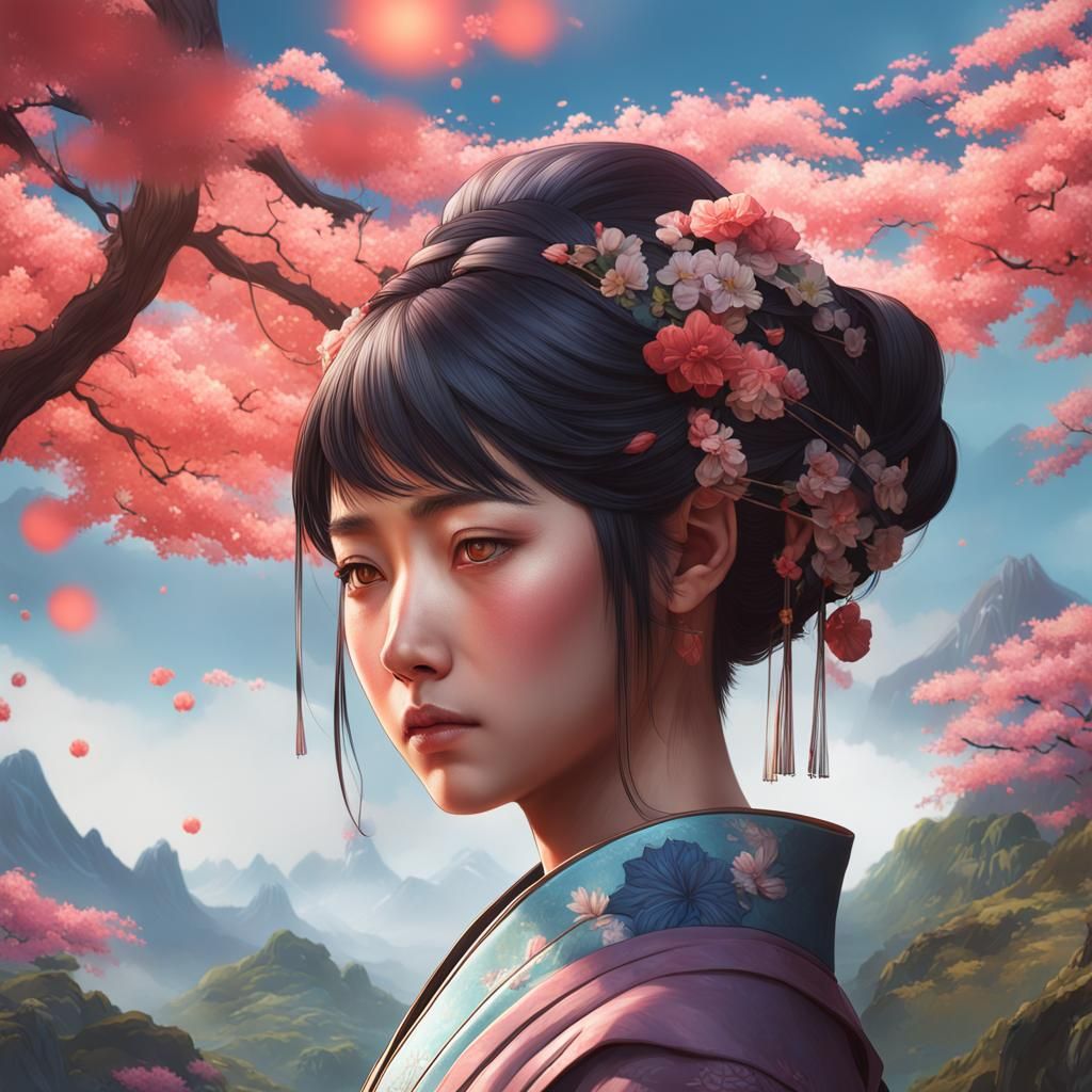 Detailed Japanese Landscape Portrait in Splash Art Style