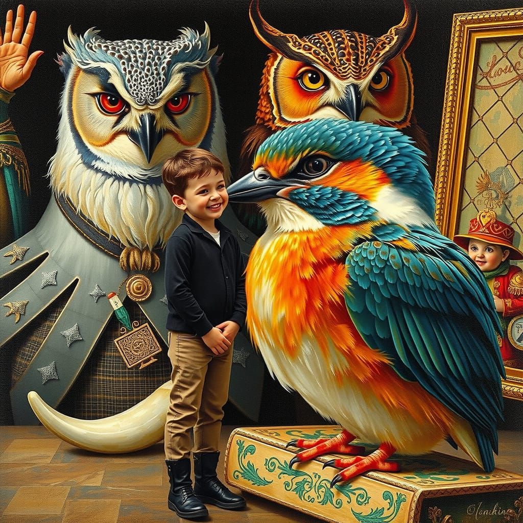 Boy Gazing at Surreal Paintings in Dürer Style