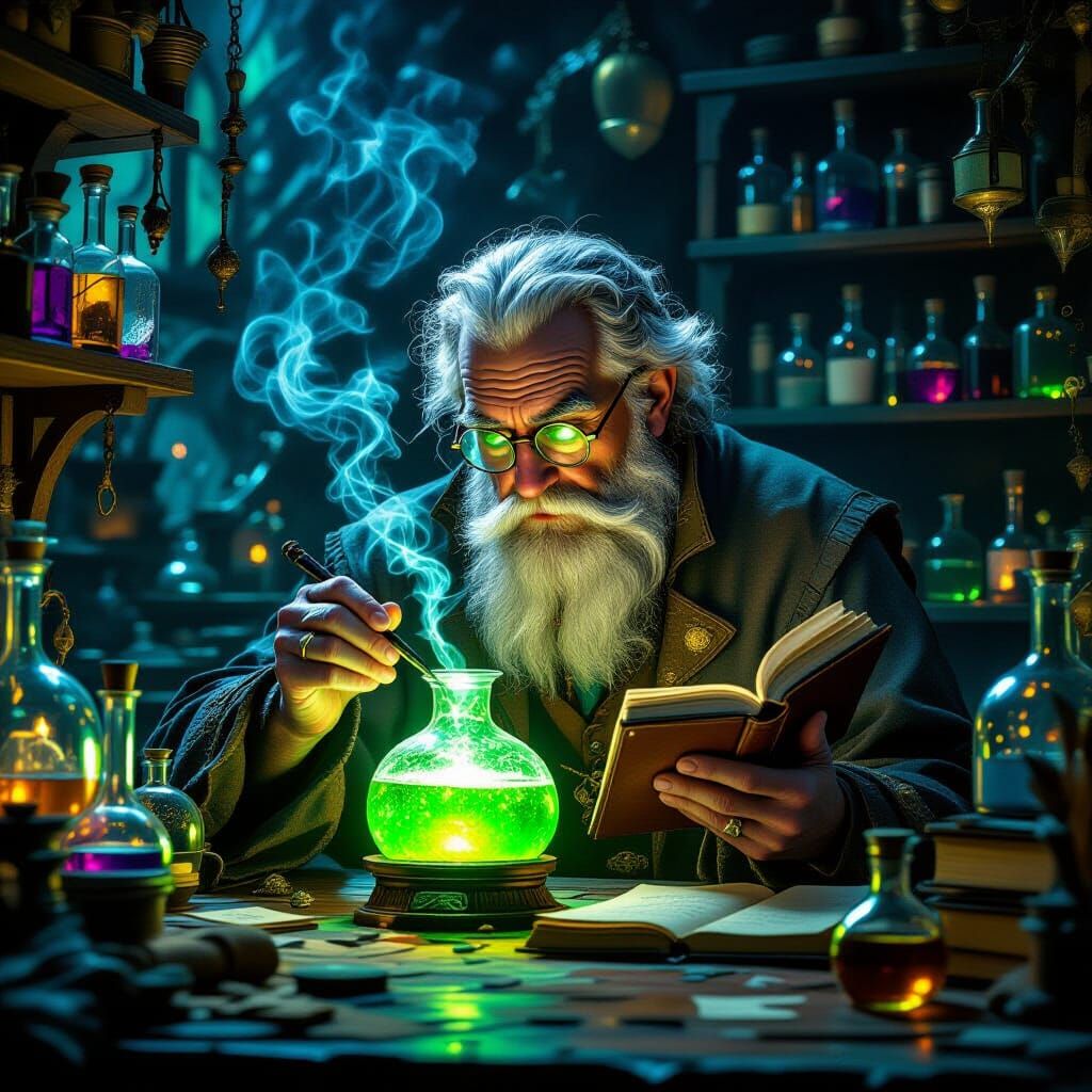 Alchemist Tests Glowing Potion in Dimly Lit Lab