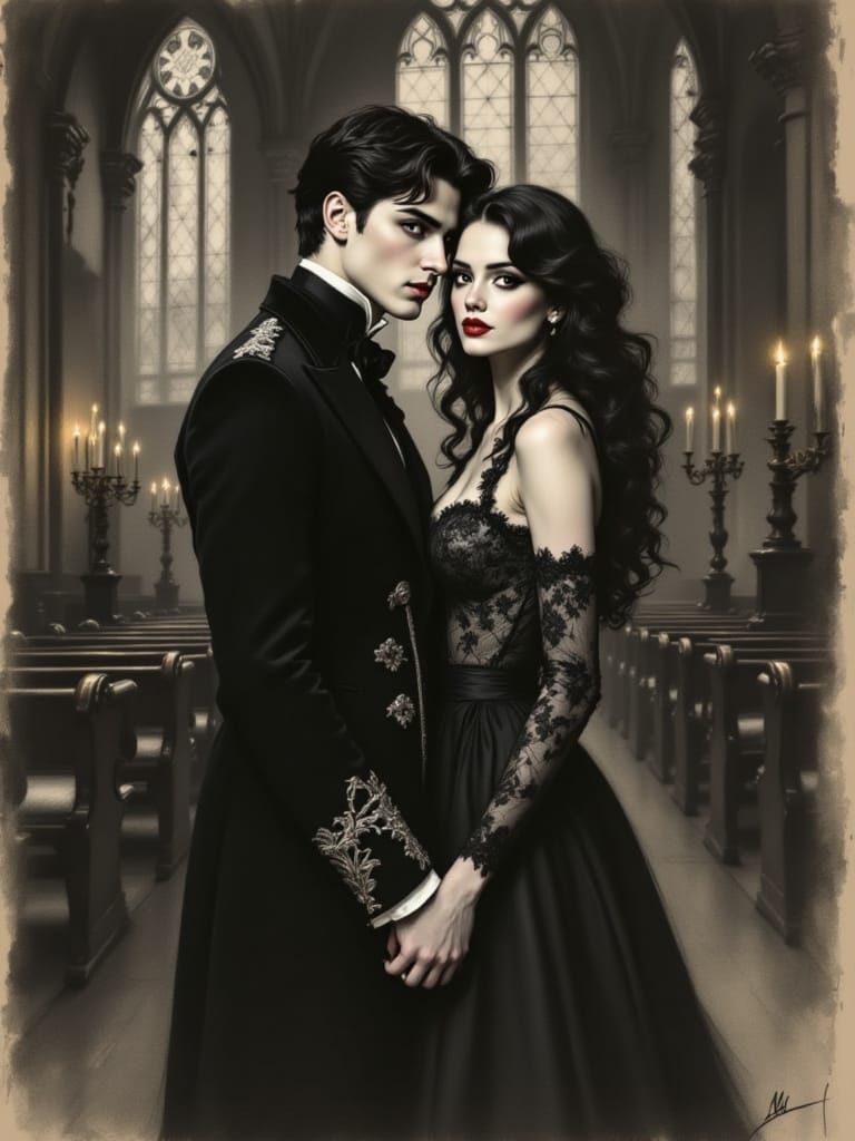 Ethereal Gothic Romance: Regal Couple in Charcoal Sketch