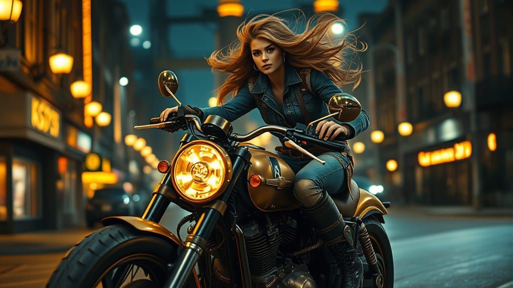 Dieselpunk Woman Rides Turbine Motorcycle at Night