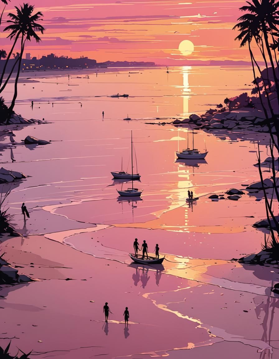 Colorful Beach Sunset in Web Comic Style