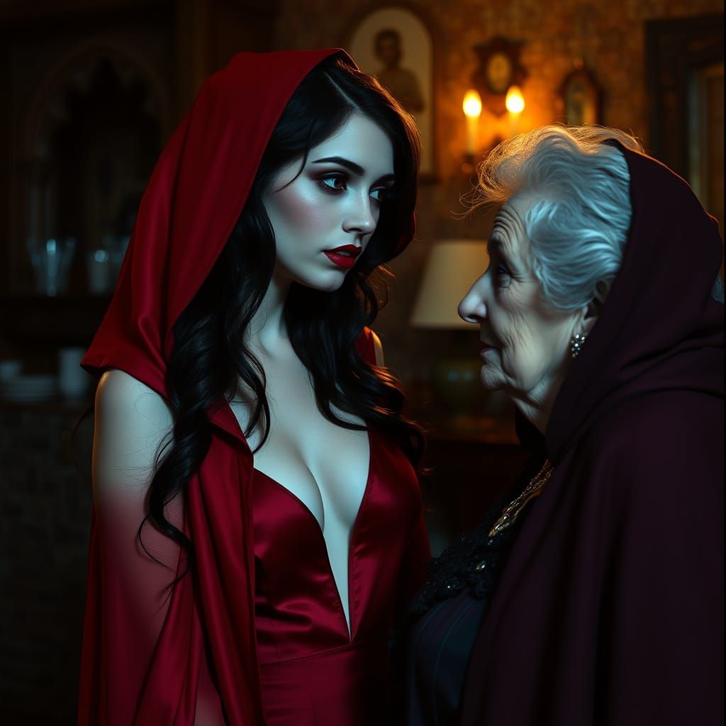 Dark Goddess in Crimson, Whispering Secrets to Grandmother