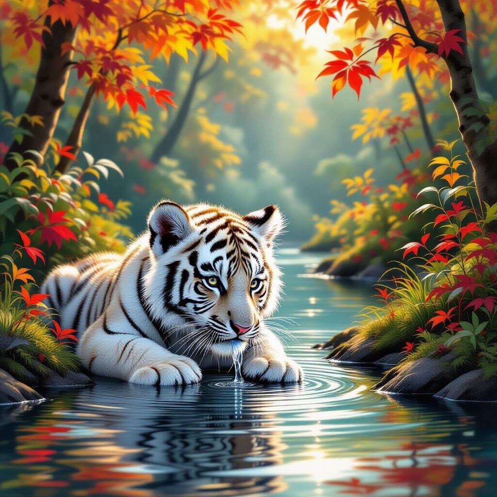 Realistic White Tiger Cub Drinks From Autumn Jungle Lake
