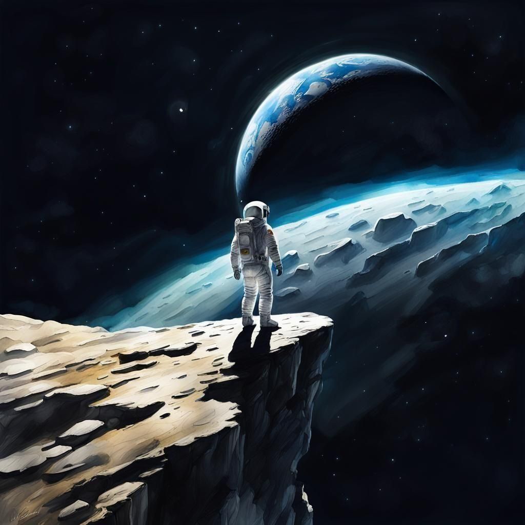 Lunar Cliff Earth View in Watercolor Style