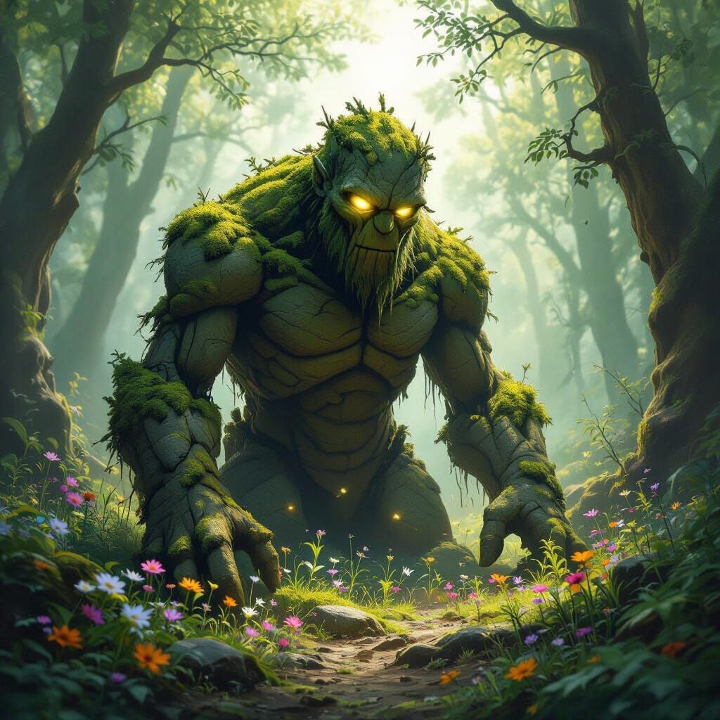 Mossy Stone Golem Awakens in Sunlit Forest Clearing