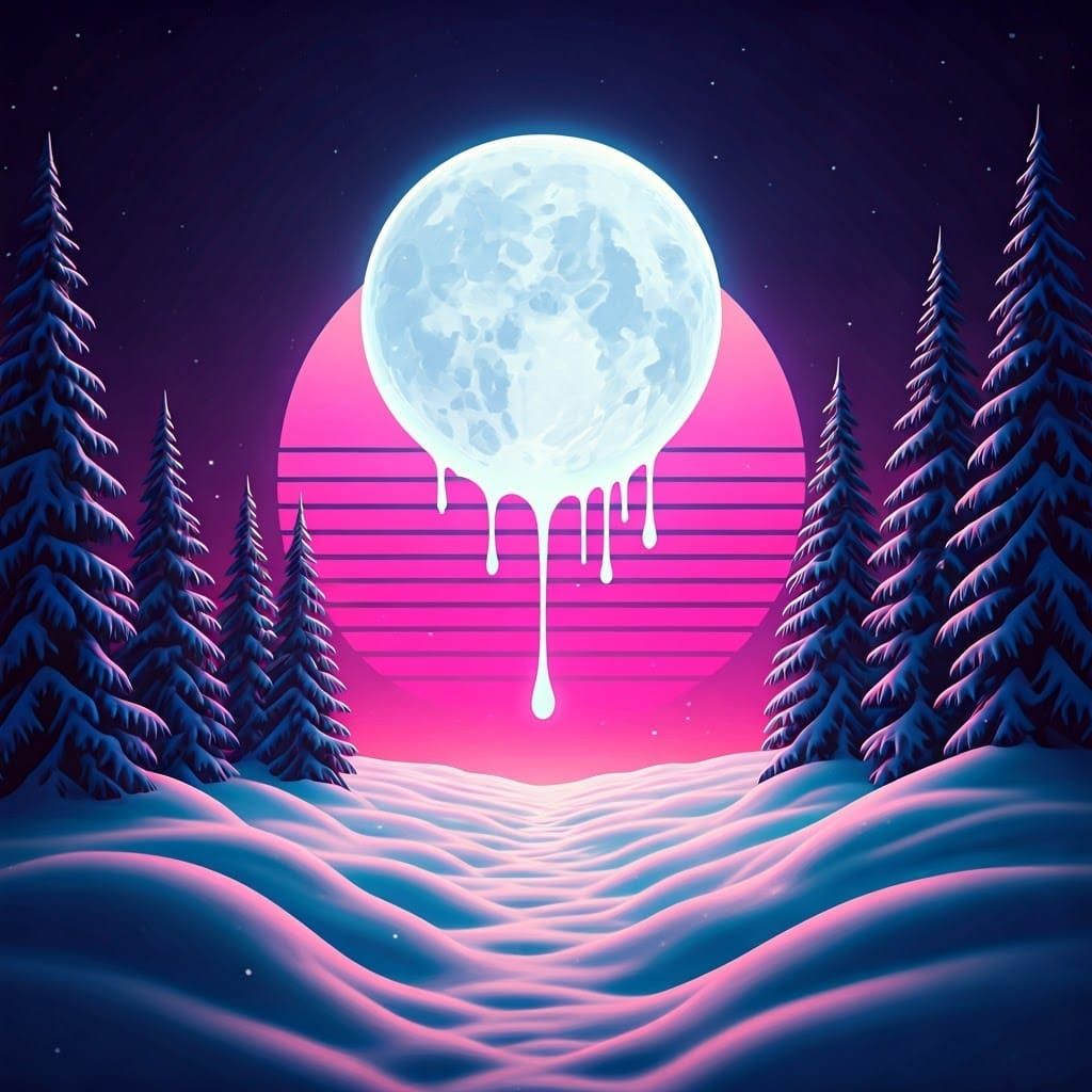 Synthwave Moon Dripping onto Snowy Forest