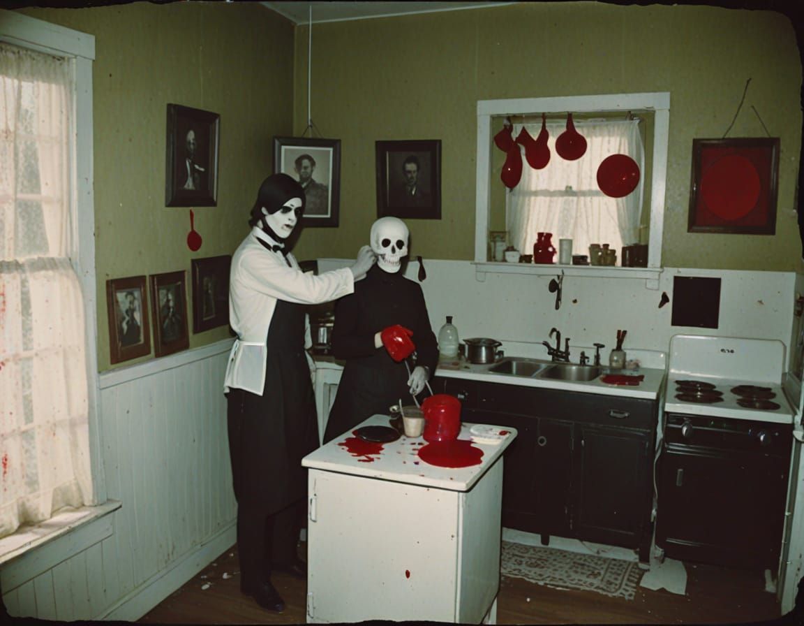 Creepy 1900s Film Noir Kitchen Scene in Minimalist Gothic St...