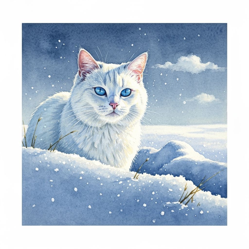 Watercolor of a White Cat in a Snowy Landscape