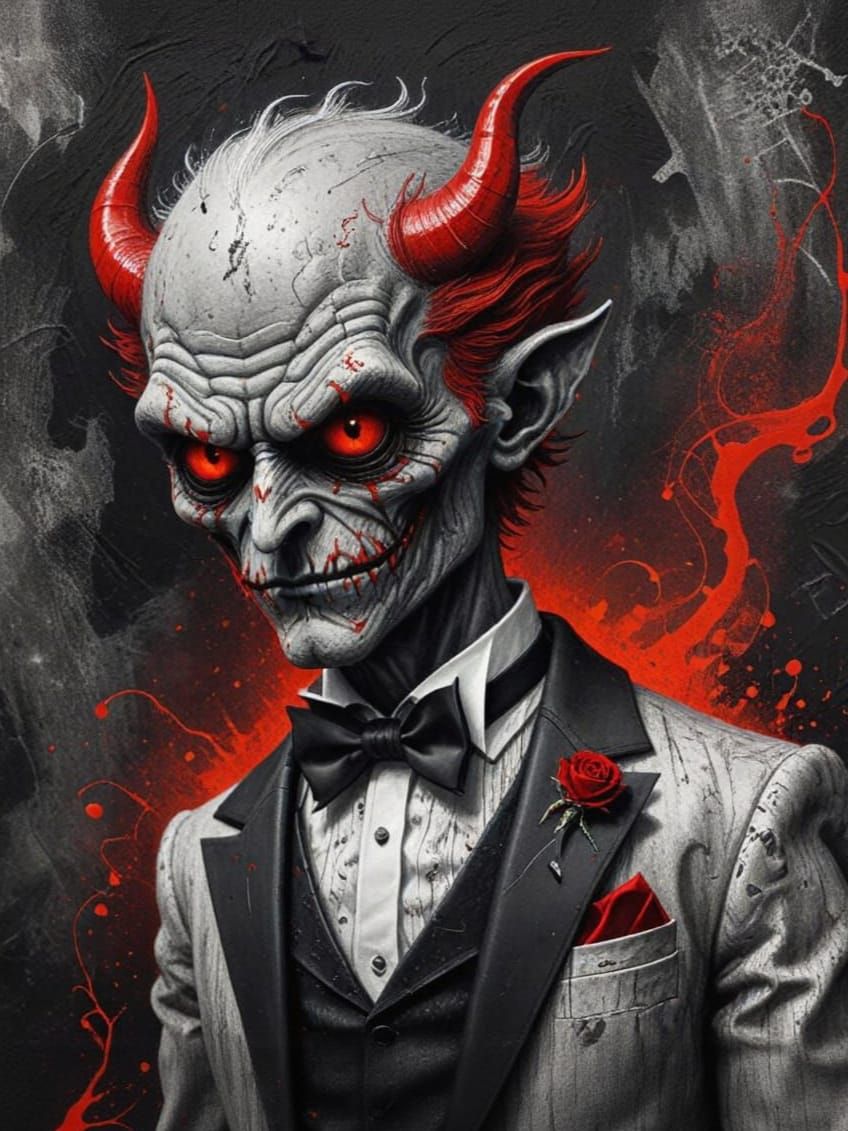 Fashionable Chibi Devil in Antique Tuxedo: Impasto Charcoal ...