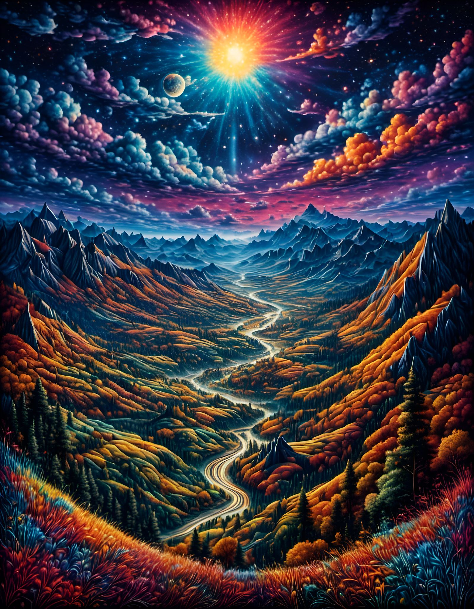 Starry Sky Over Hills, Lithograph Art Style