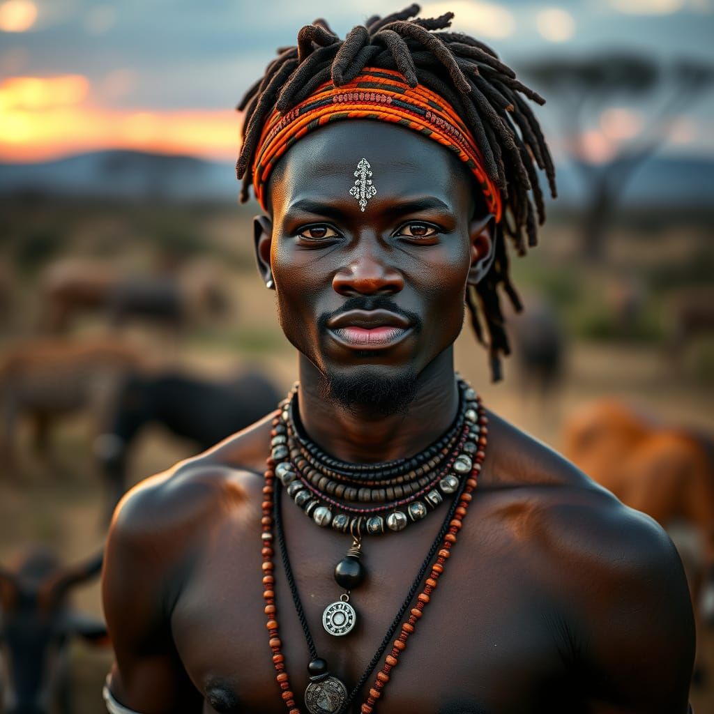 African Warrior Portrait in Savanna Sunset