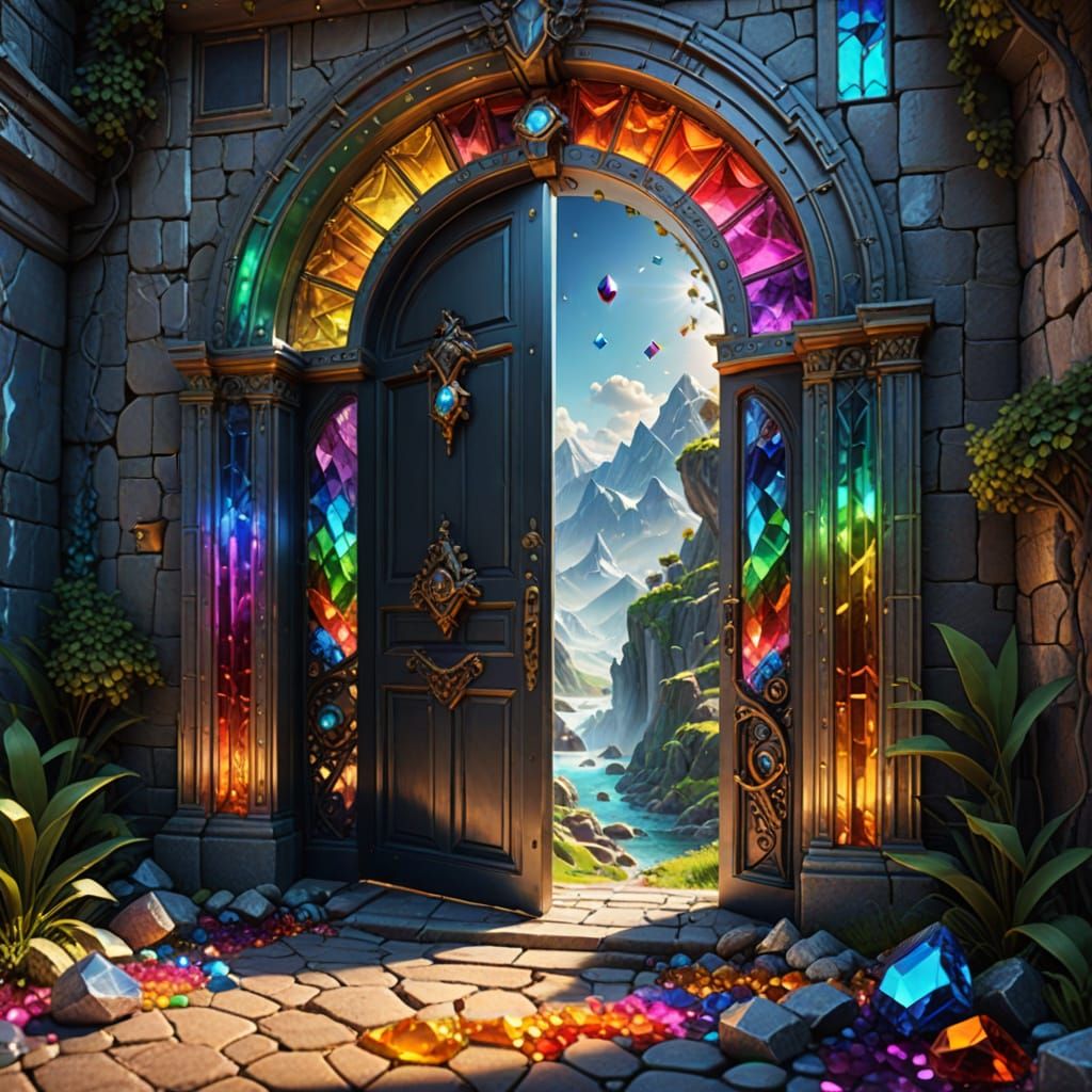 Surreal Rainbow Diamond Doorway in Fantasy Landscape