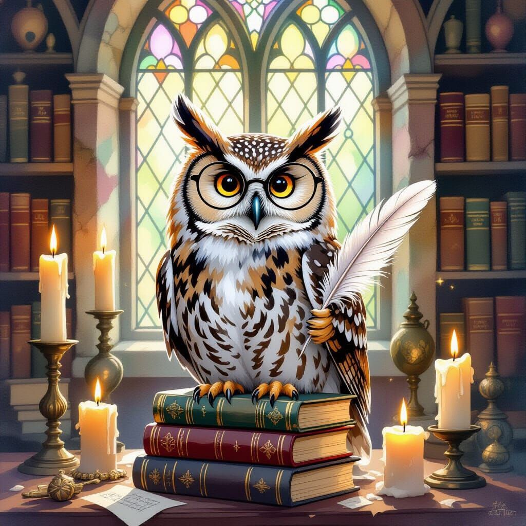 Renaissance Owl with Quill in Cozy Library