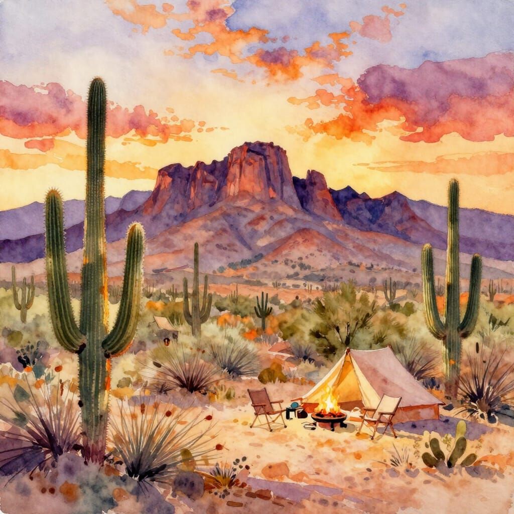Desert Sunset Over Superstition Mountains Watercolor