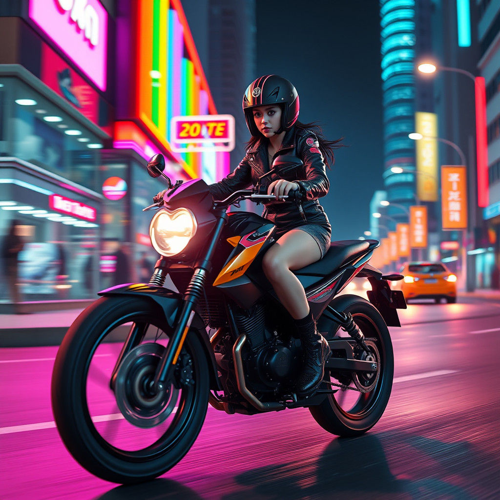 Woman on Motorcycle in Futuristic Cityscape