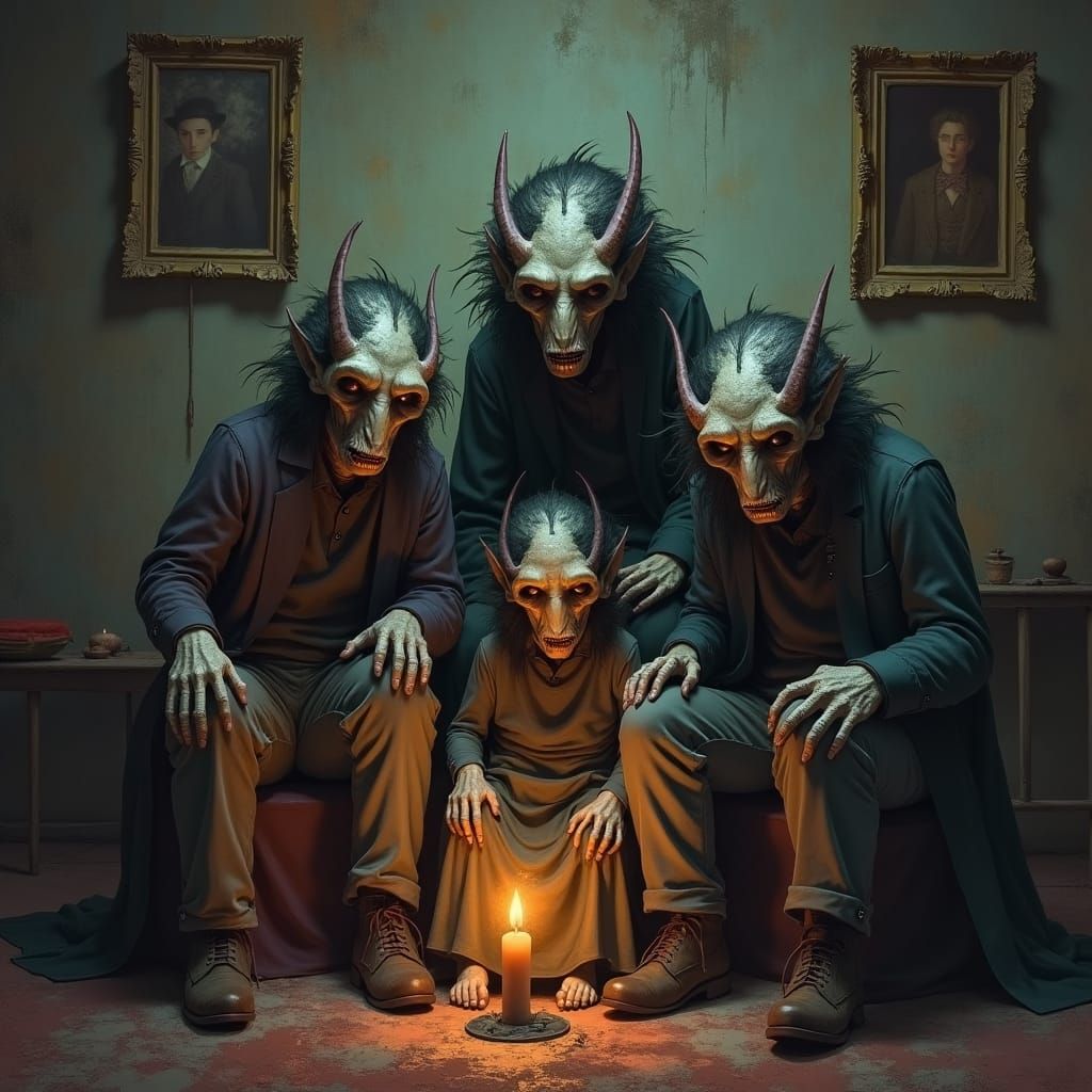 Eerie Monster Family Portrait in Gothic Horror Style