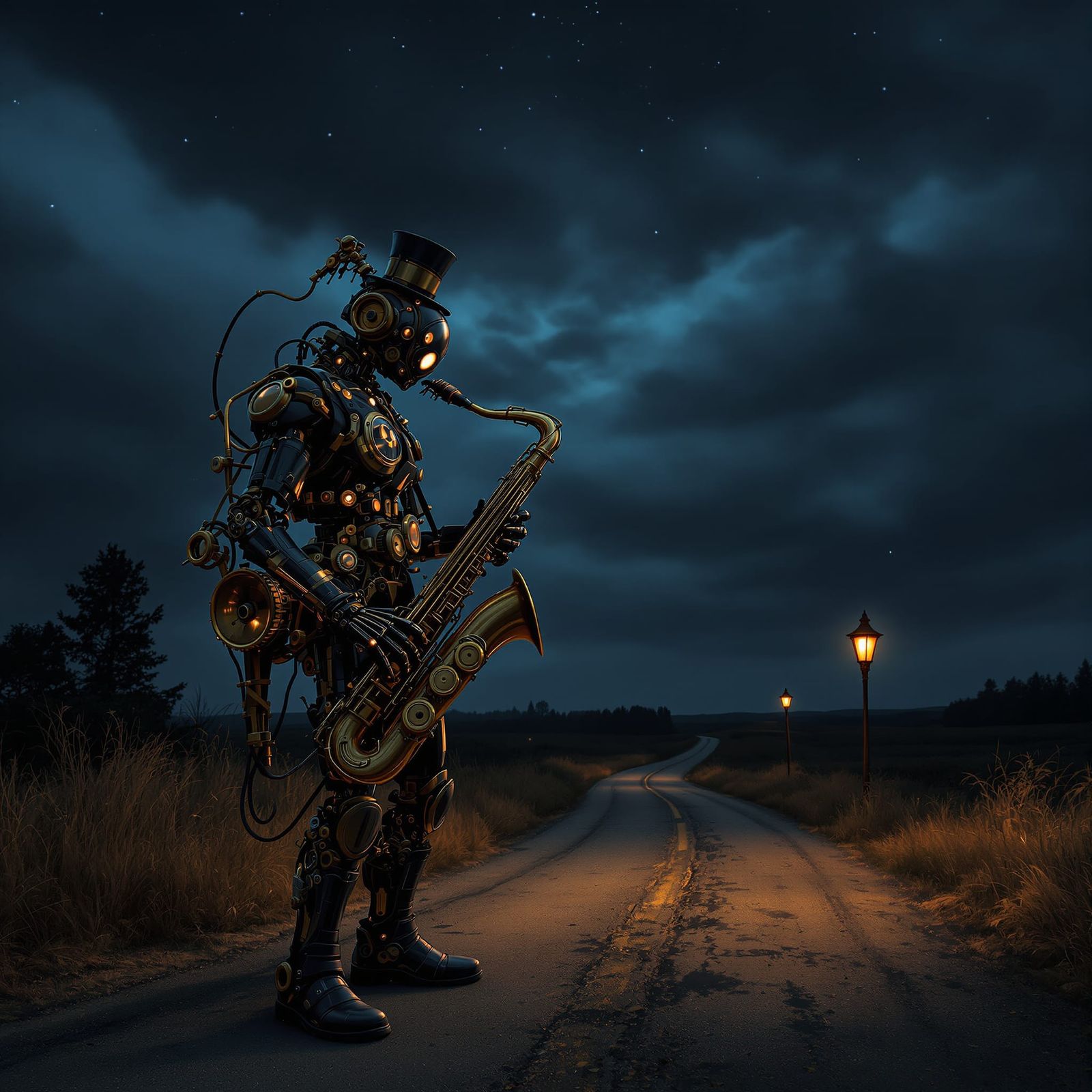 Steampunk Automaton Musician Plays Saxophone at Twilight