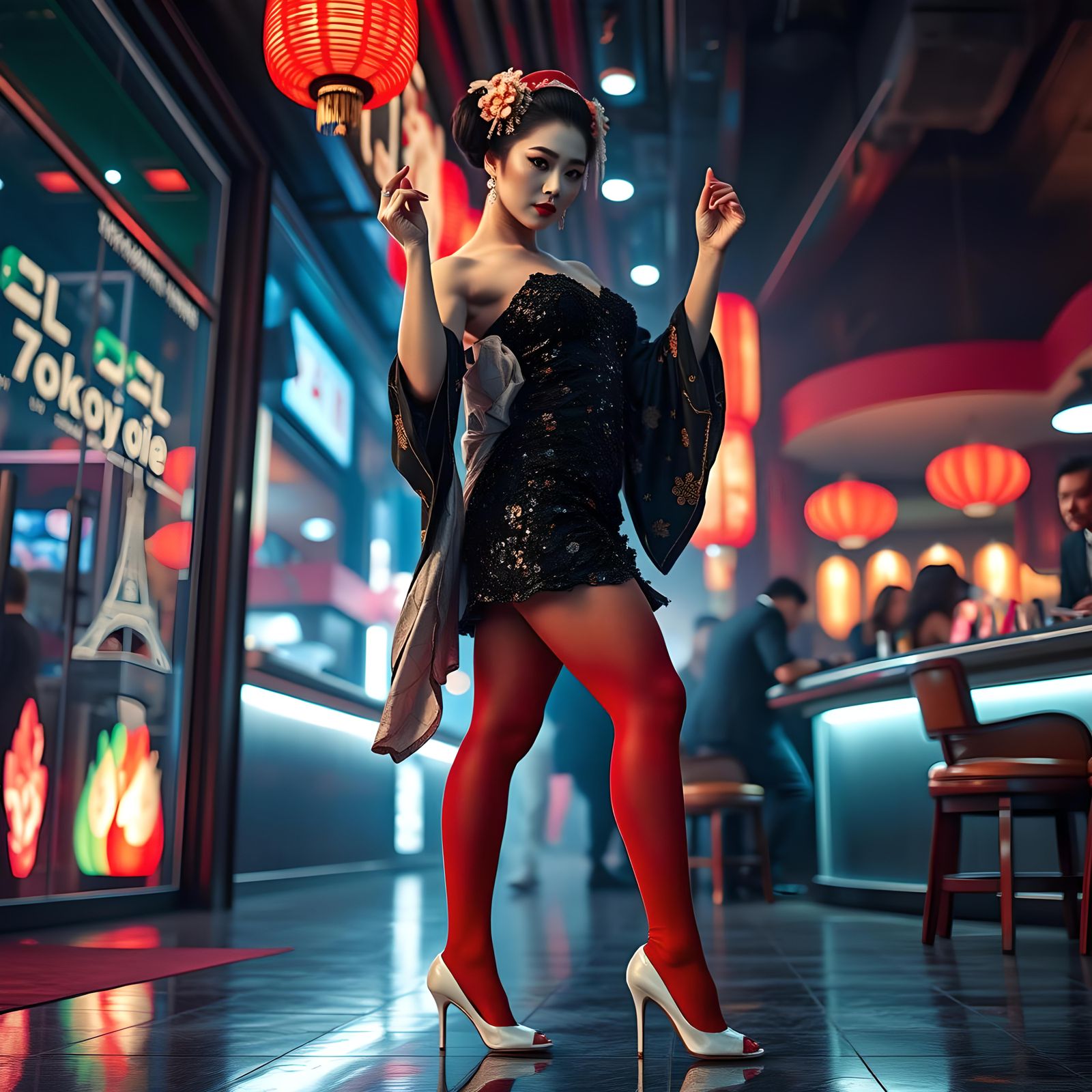 Geisha Dancing at Club in Vibrant, Cinematic Style