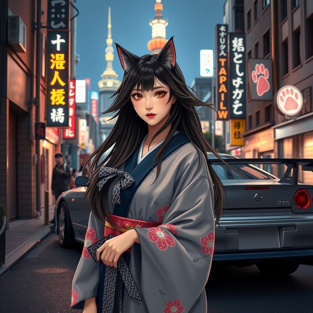 Japanese Cat-Woman in Neo-Tokyo: A Nostalgic Portrait