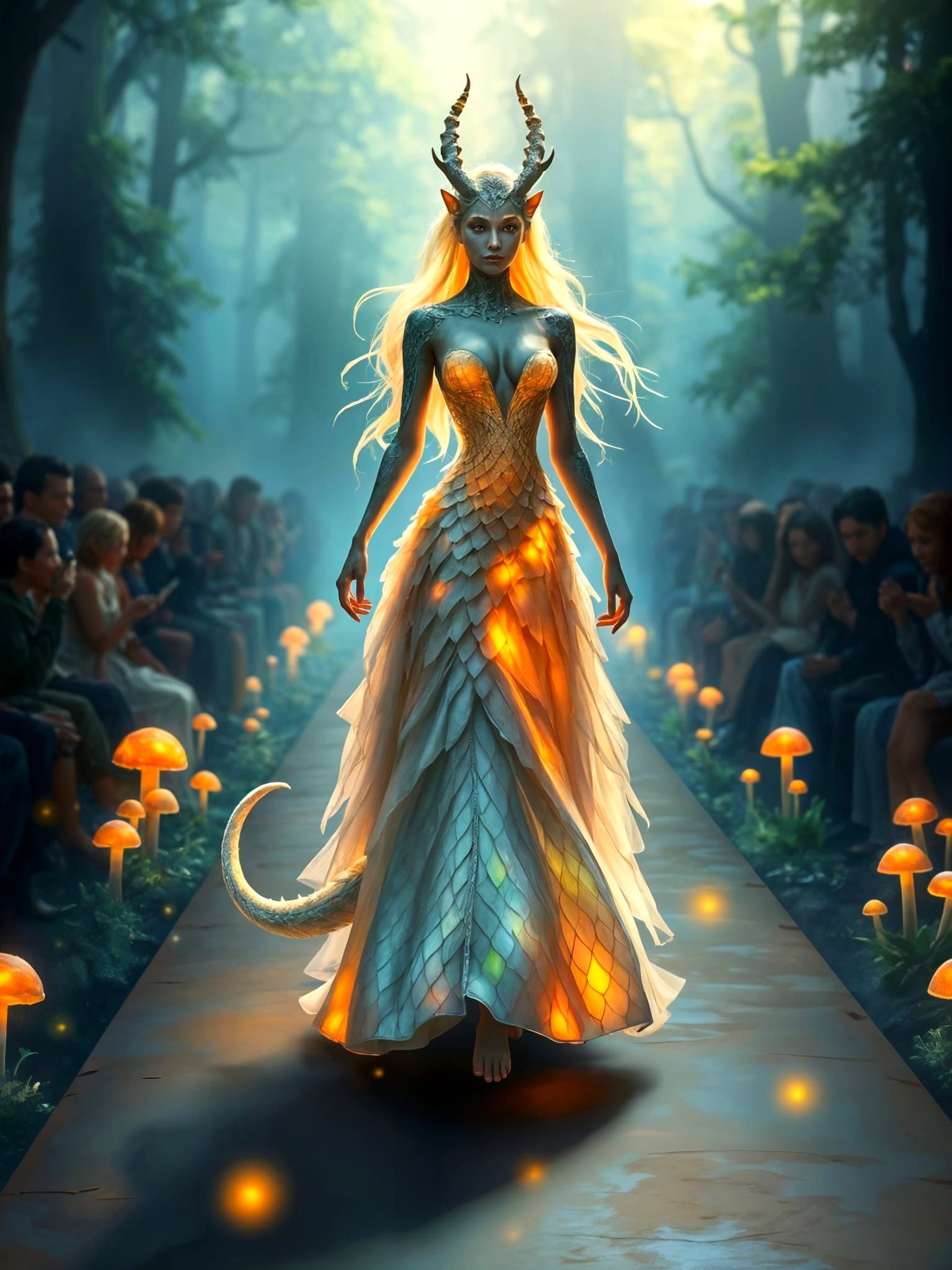 Mystical Dragon Goddess Strides Runway in Shimmering Gown