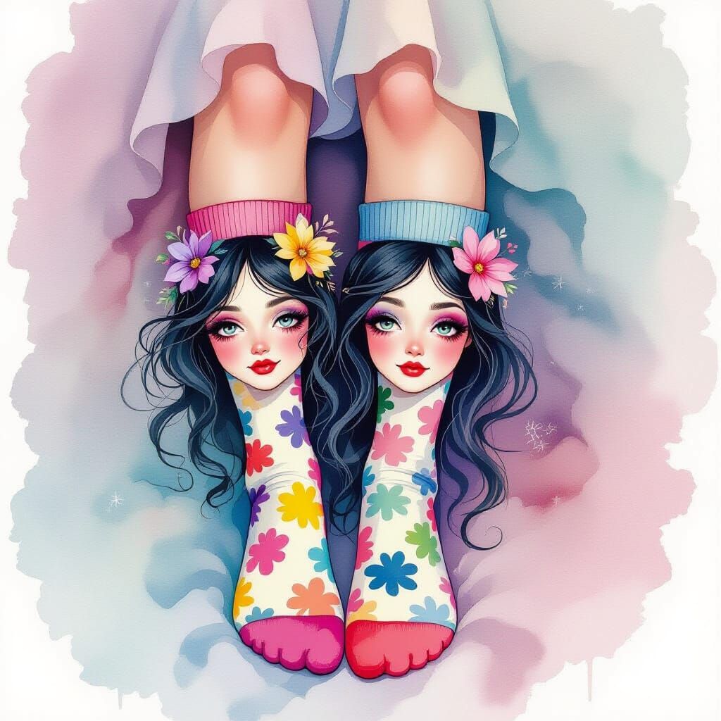 Watercolor art. Someone's feet in a pair of socks with Goth ...