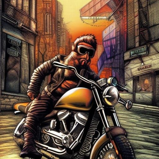 Monkey Biker in Leather: Comic Book Art
